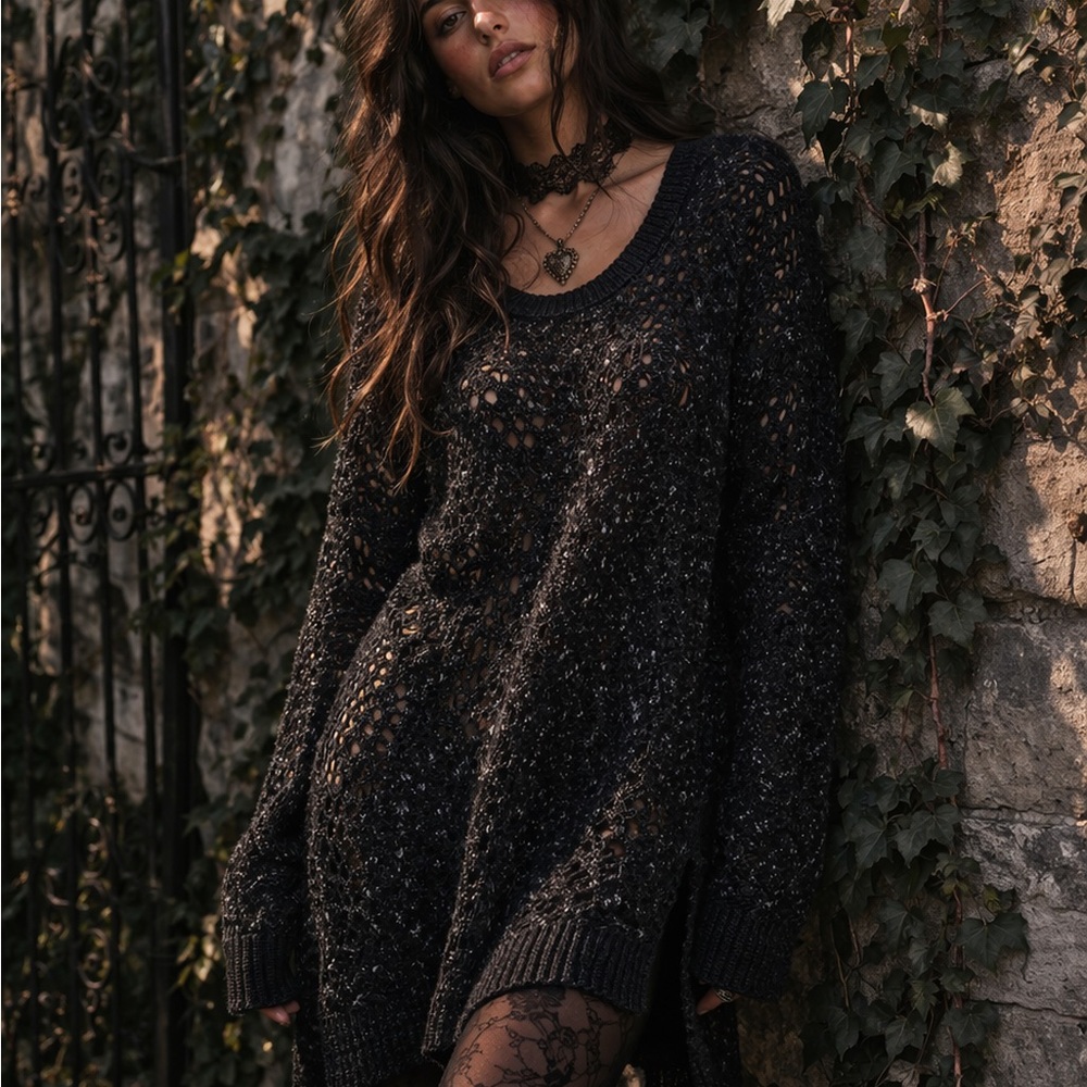 FREE PEOPLE Black and Gray Open Crochet Marled Tunic Sweater, S